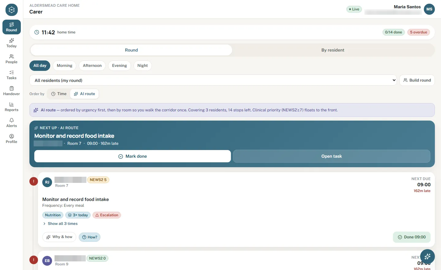 The carer's round on HIRA Care Web: the time, done and overdue counts, Round or By resident, a time-of-day filter, the AI route ordered by urgency then by room, the next step up with Mark done and Open task, and the first resident's step with its frequency and tags. Resident names are blurred.