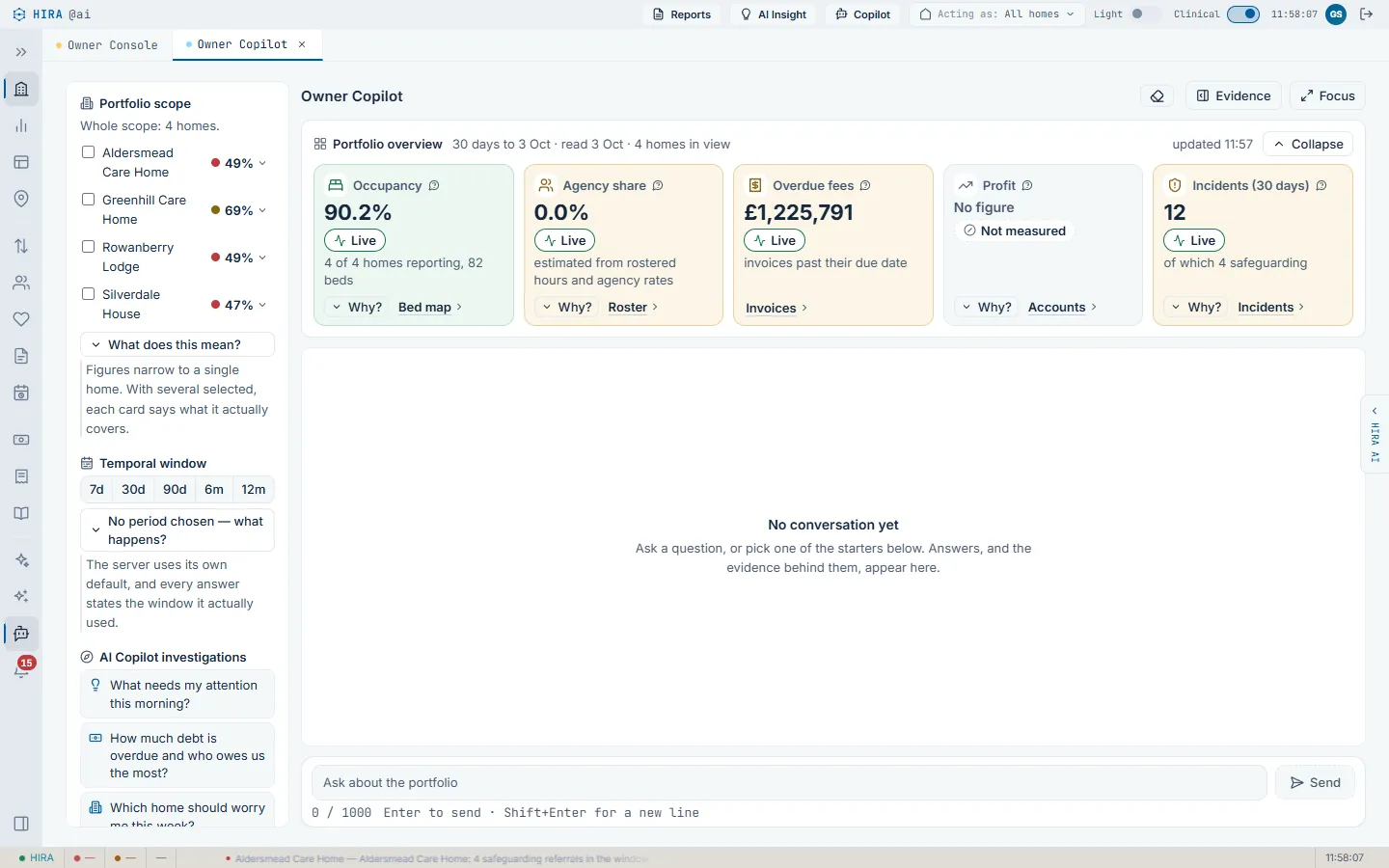 The Owner Copilot pane before a question: portfolio overview tiles for occupancy, agency share, overdue fees, profit (not measured) and incidents, each marked Live with a Why button, the four homes in scope on the left, and starter questions.