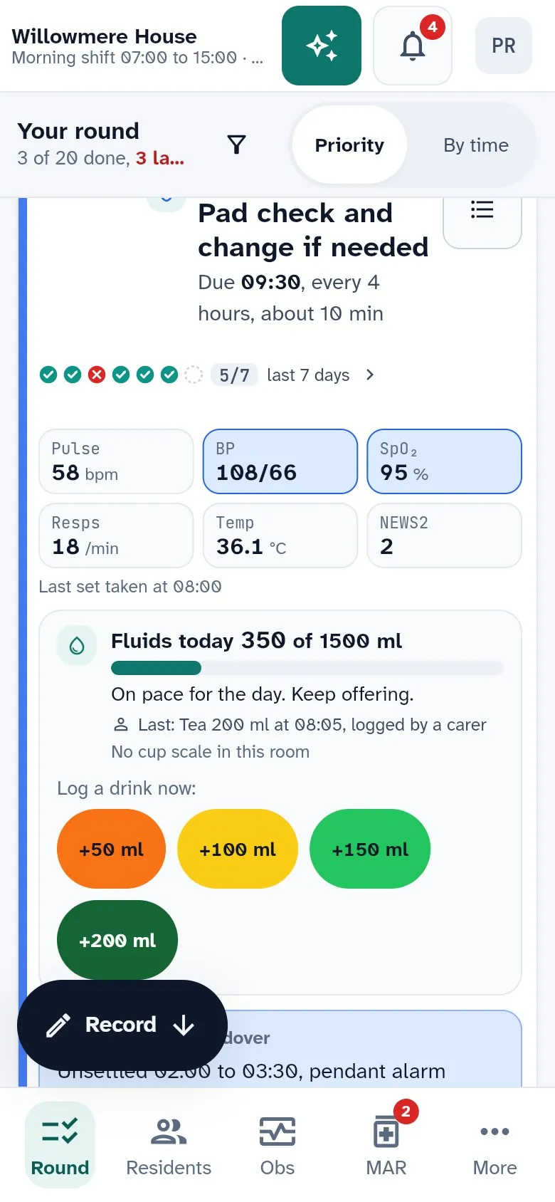 A round step on a phone: the latest vitals and NEWS2, and the fluids card showing 350 of 1,500 millilitres with drink chips to log.
