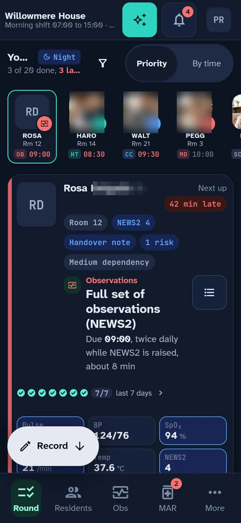 The round on a phone in night mode: the resident rail, the next step, a full set of observations due while NEWS2 is raised, and the latest vitals. Photos and surname blurred.