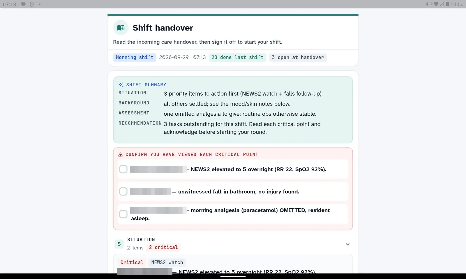 The start-of-shift handover gate on the tablet: a shift summary in SBAR, then 'Confirm you have viewed each critical point' with a tick box beside each of three critical points before the shift can start.